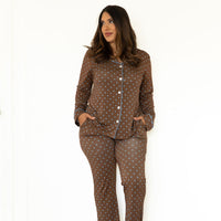 BROWN + BLUE POLKA DOTS | WOMEN'S BUTTON UP LONG SLEEVE SET