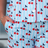 CHERRY STRIPES | GIRLS' BUTTON UP SHORT SLEEVE + SHORTS SET