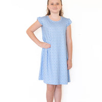 BLUE MINI HEARTS | RUFFLE SLEEVE DRESS