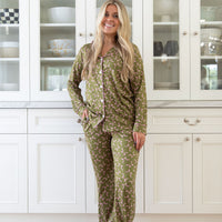OLIVE + PINK BOWS | WOMEN'S BUTTON UP LONG SLEEVE SET