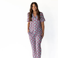 TEAL TRIPPY CHECKER | WOMEN'S BUTTON UP SHORT SLEEVE SET