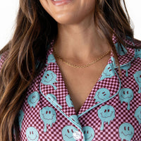 TEAL TRIPPY CHECKER | WOMEN'S BUTTON UP SHORT SLEEVE SET