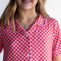 PINK + RED MINI CHECKER | GIRLS' BUTTON UP SHORT SLEEVE SET