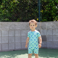 TEAL SMILEY CHECKER | SHORT ZIPPER ONE PIECE