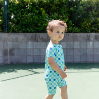 TEAL SMILEY CHECKER | SHORT ZIPPER ONE PIECE