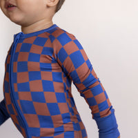 BROWN + ROYAL BLUE WAVY CHECKER | ZIPPER ONE PIECE