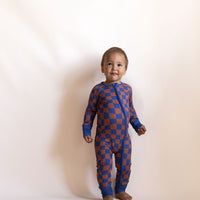 BROWN + ROYAL BLUE WAVY CHECKER | ZIPPER ONE PIECE