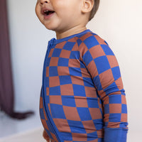 BROWN + ROYAL BLUE WAVY CHECKER | ZIPPER ONE PIECE