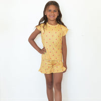 MUSTARD YELLOW STRAWBERRIES | RUFFLE SHORT SET