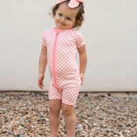 LIGHT PINK + WHITE CHECKER | SHORT ZIPPER ONE PIECE