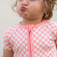 LIGHT PINK + WHITE CHECKER | SHORT ZIPPER ONE PIECE