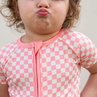 LIGHT PINK + WHITE CHECKER | SHORT ZIPPER ONE PIECE