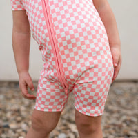 LIGHT PINK + WHITE CHECKER | SHORT ZIPPER ONE PIECE