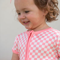 LIGHT PINK + WHITE MINI CHECKER | ZIPPER ONE PIECE