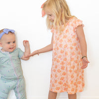 CORAL + ORANGE | RUFFLE SLEEVE DRESS