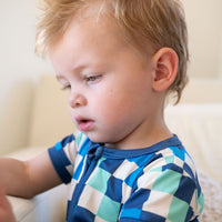 BLUE MULTICOLOR CHECKER | SHORT ZIPPER ONE PIECE