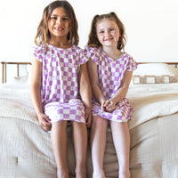 LIGHT PURPLE + WHITE CHECKER - SLEEVE DRESS