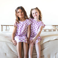 LIGHT PURPLE + WHITE CHECKER - SLEEVE DRESS