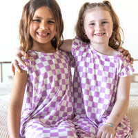 LIGHT PURPLE + WHITE CHECKER - SLEEVE DRESS