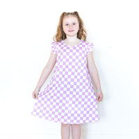 LIGHT PURPLE + WHITE CHECKER - SLEEVE DRESS