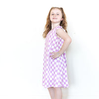 LIGHT PURPLE + WHITE CHECKER - SLEEVE DRESS