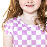 LIGHT PURPLE + WHITE CHECKER - SLEEVE DRESS