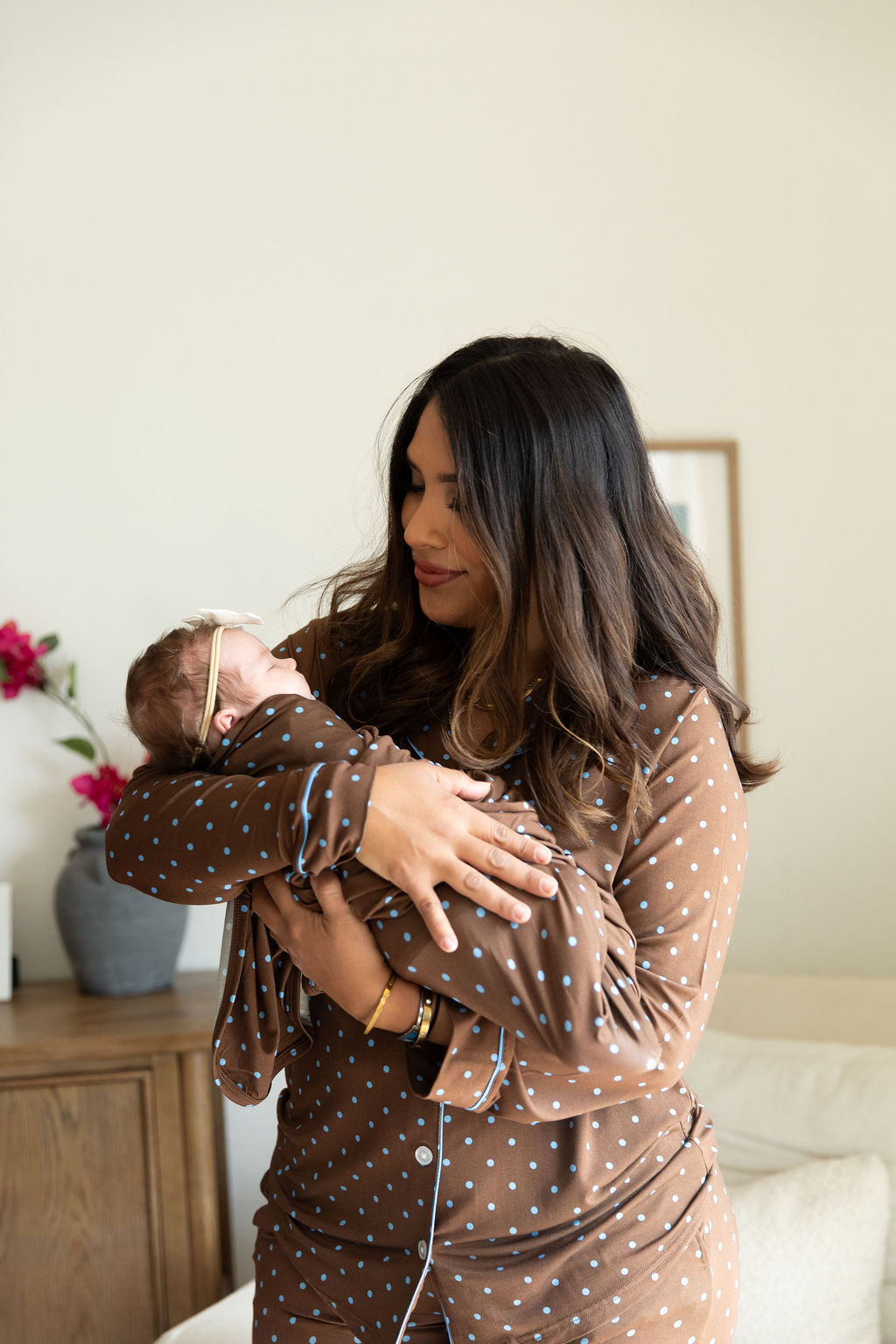 BROWN + BLUE POLKA DOTS | WOMEN'S BUTTON UP LONG SLEEVE SET