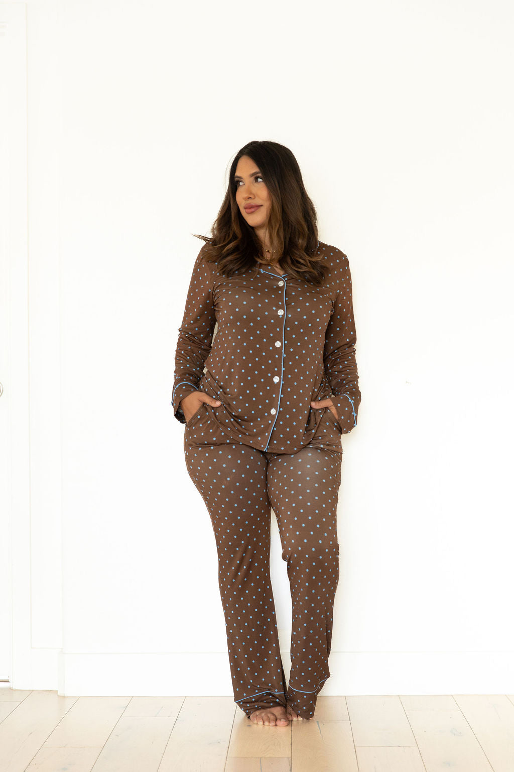 BROWN + BLUE POLKA DOTS | WOMEN'S BUTTON UP LONG SLEEVE SET
