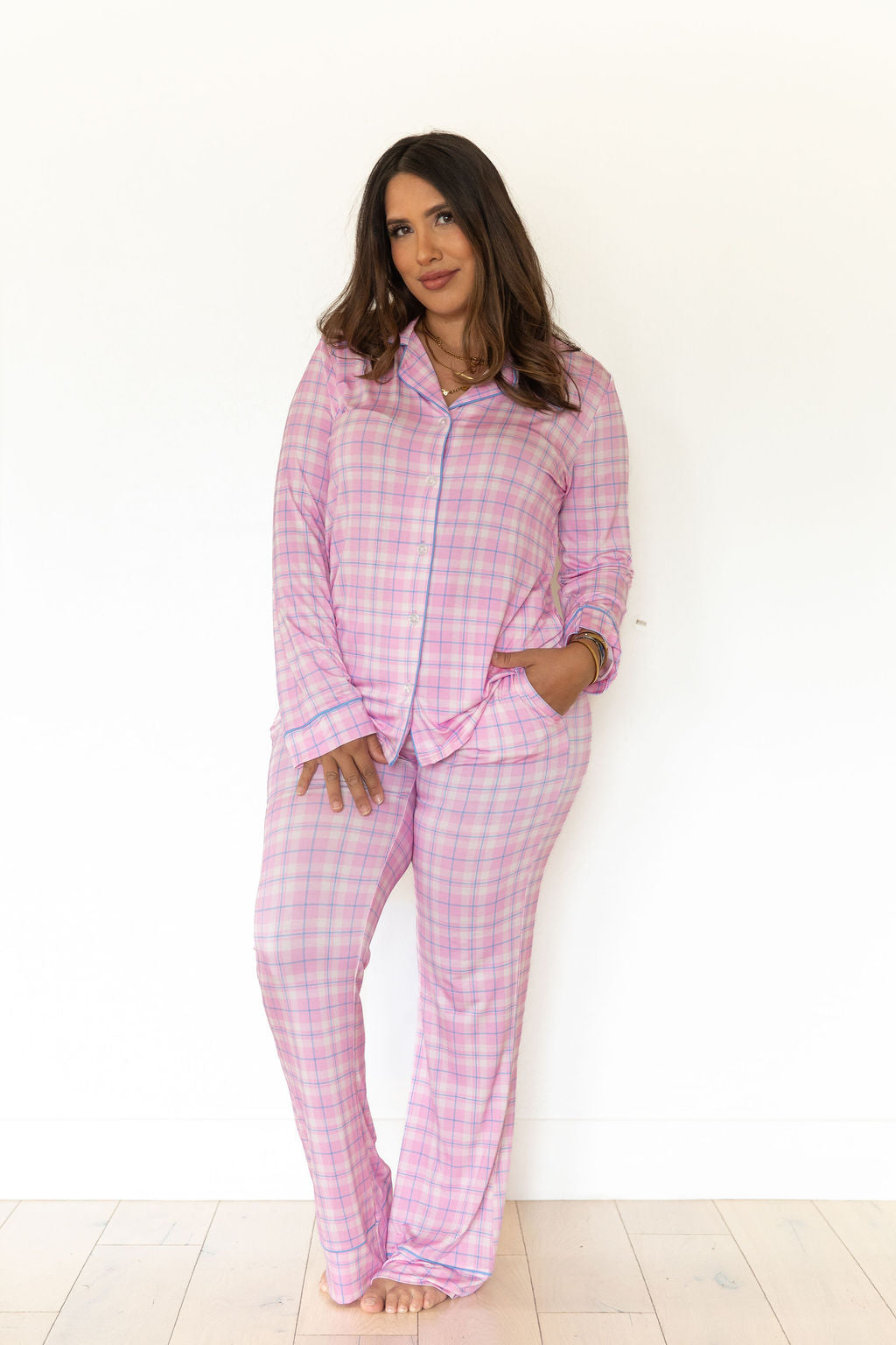 PINK PLAID | WOMEN'S BUTTON UP LONG SLEEVE SET
