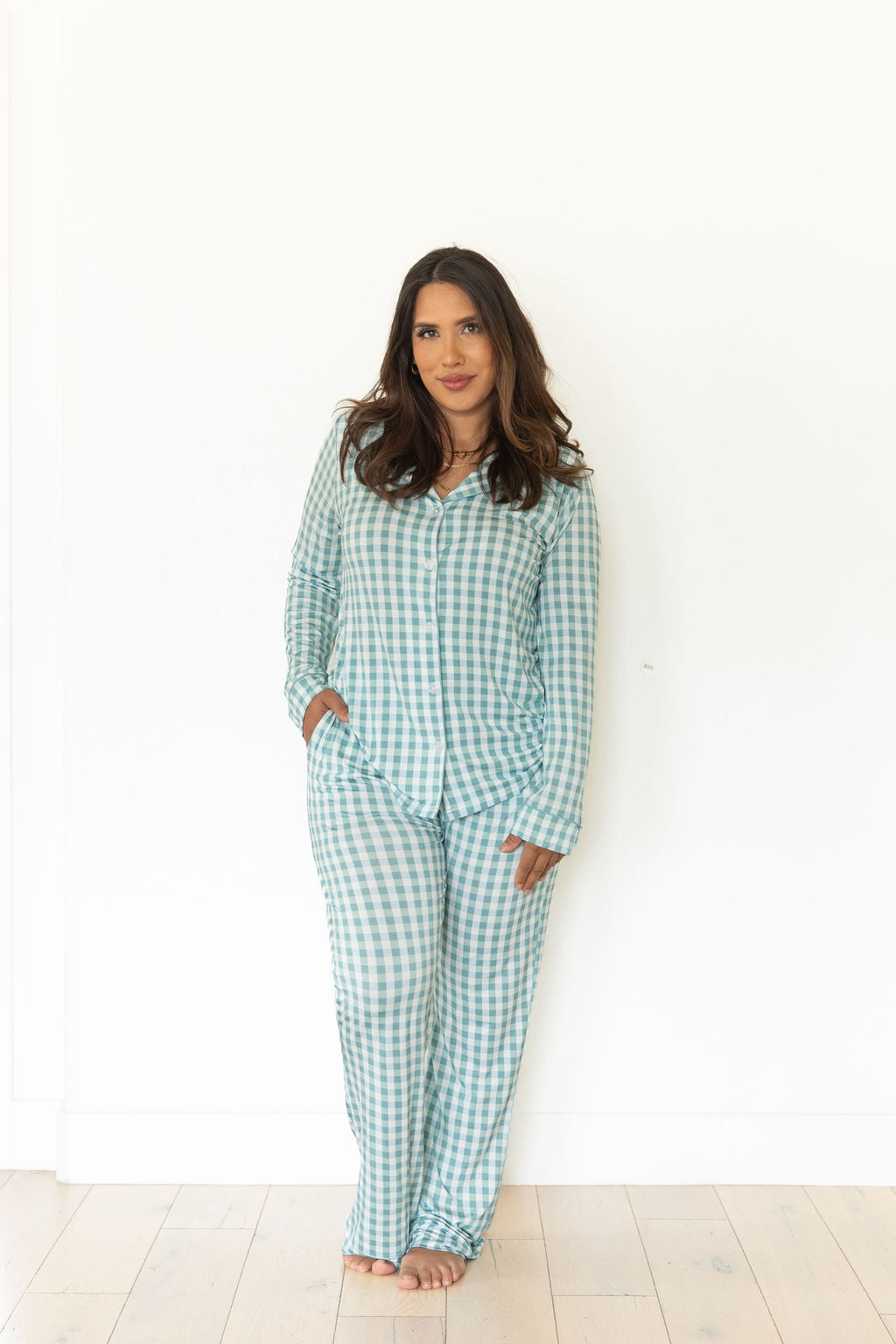 MUTED TEAL GINGHAM (viscose) | WOMEN'S BUTTON UP LONG SLEEVE SET