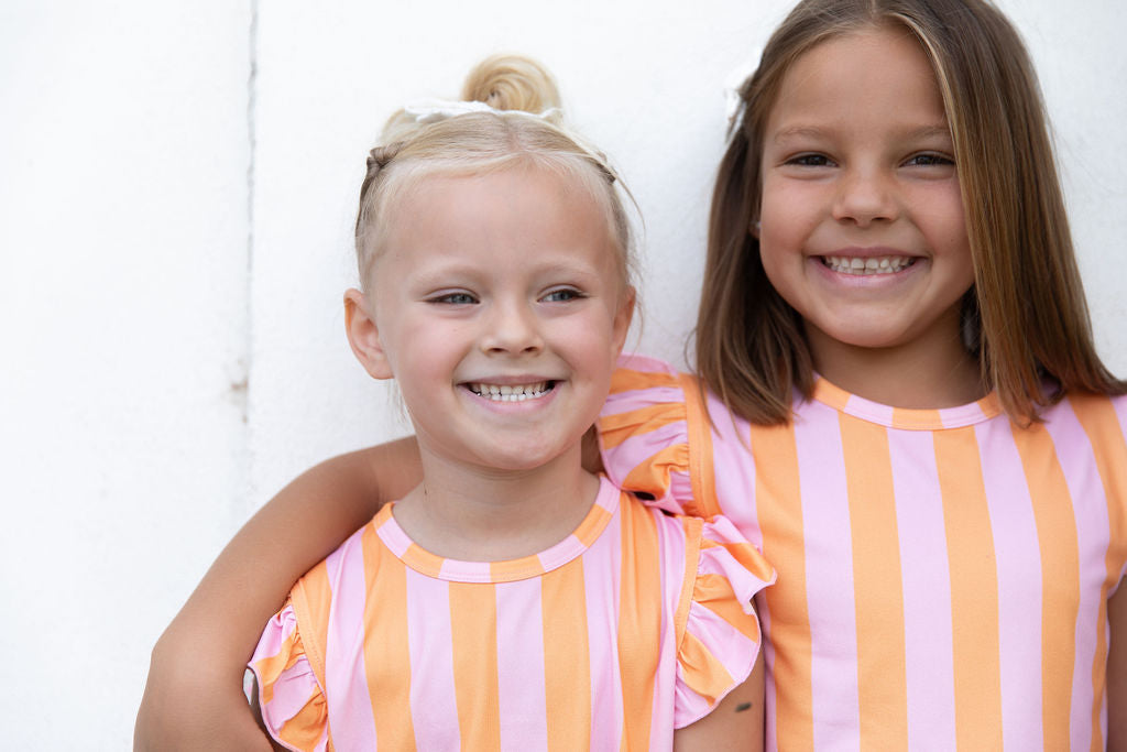 PINK + ORANGE STRIPE | RUFFLE SHORT SET