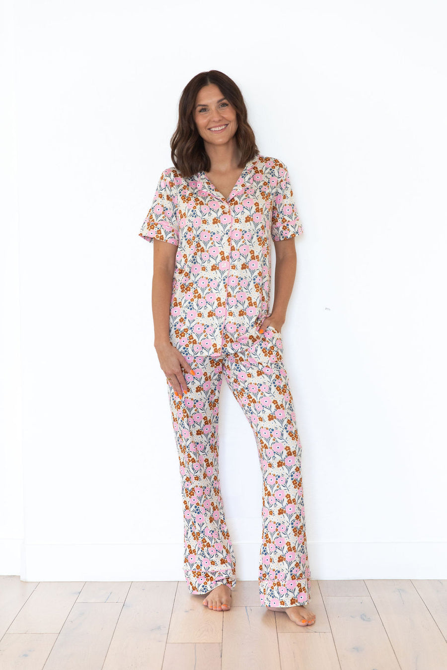 PINK FALL FLORAL | WOMEN'S BUTTON UP SHORT SLEEVE SET