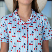 CHERRY STRIPES | GIRLS' BUTTON UP SHORT SLEEVE + SHORTS SET