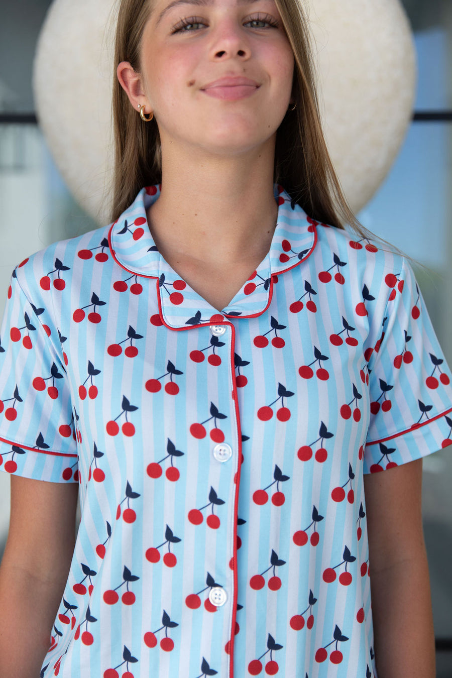 CHERRY STRIPES | GIRLS' BUTTON UP SHORT SLEEVE + SHORTS SET – COZYS