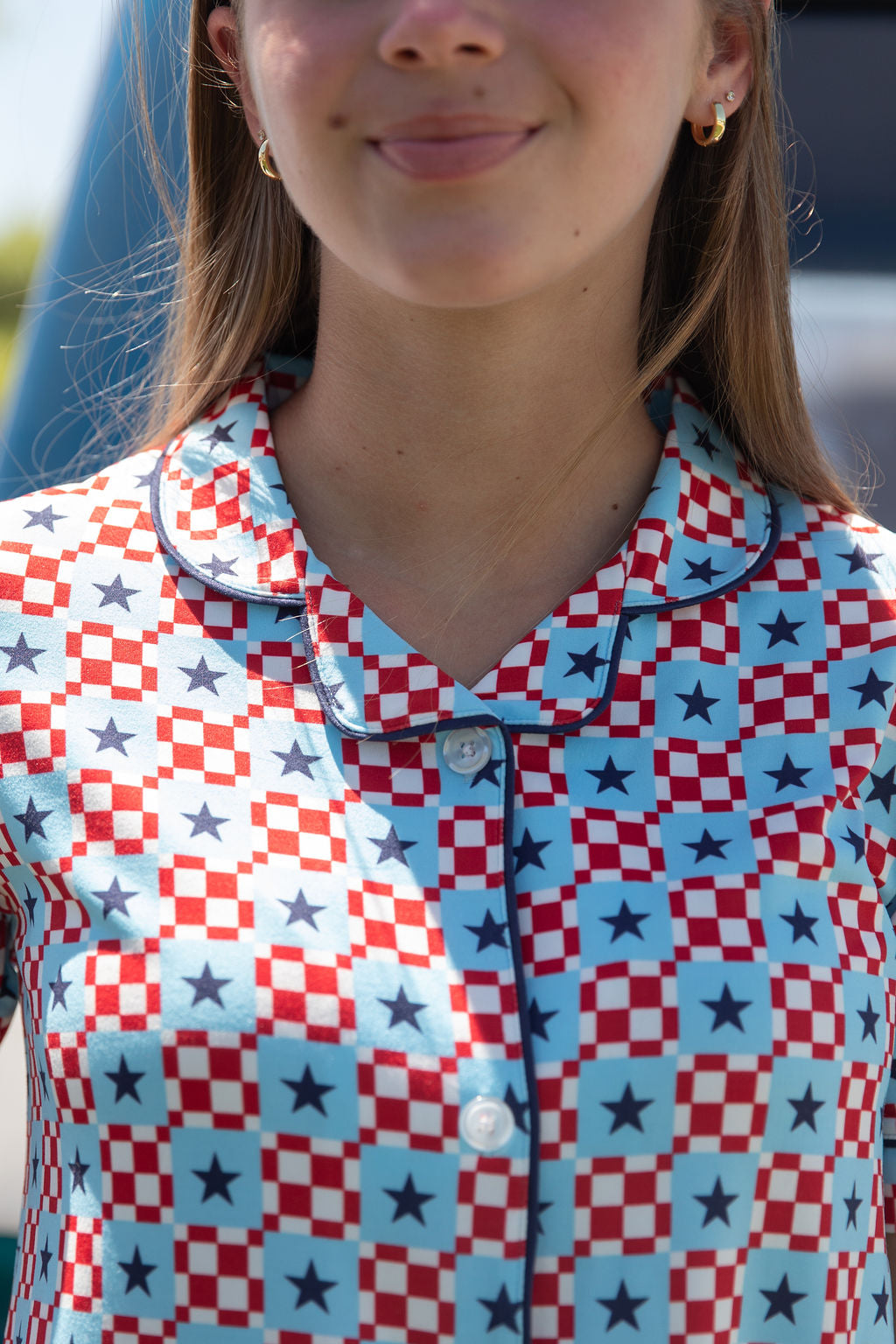 MINI CHECKERED STARS | GIRLS' BUTTON UP SHORT SLEEVE + SHORTS SET