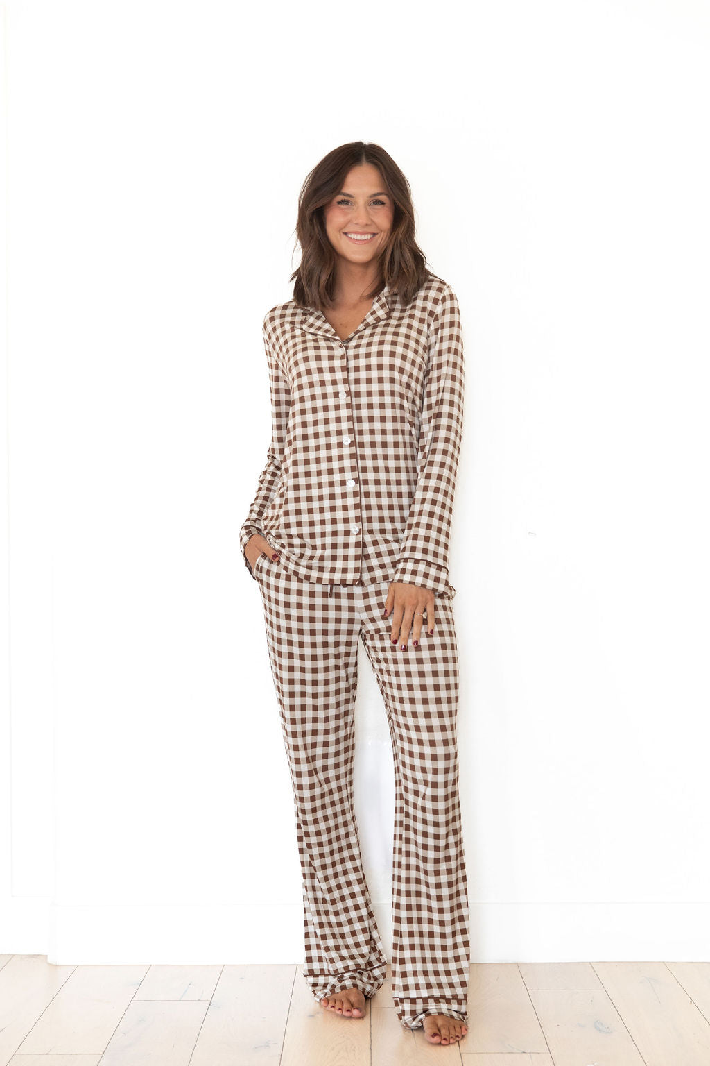 BROWN GINGHAM | WOMEN'S BUTTON UP LONG SLEEVE SET