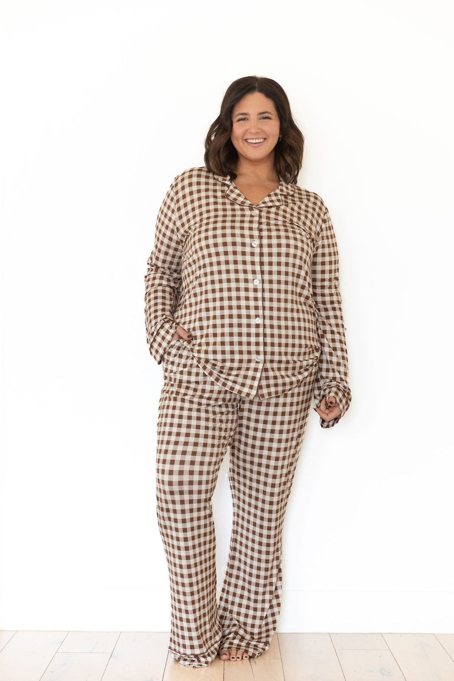 BROWN GINGHAM | WOMEN'S BUTTON UP LONG SLEEVE SET