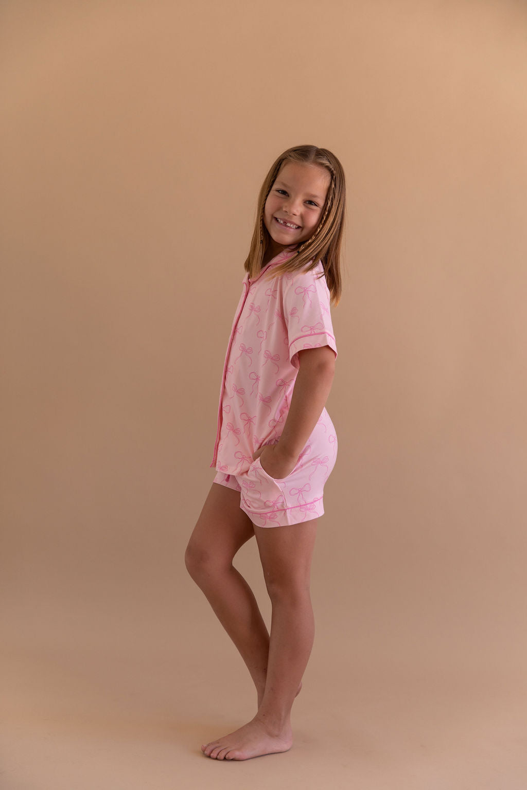 PINK BOWS | GIRLS' BUTTON UP SHORT SLEEVE + SHORTS SET