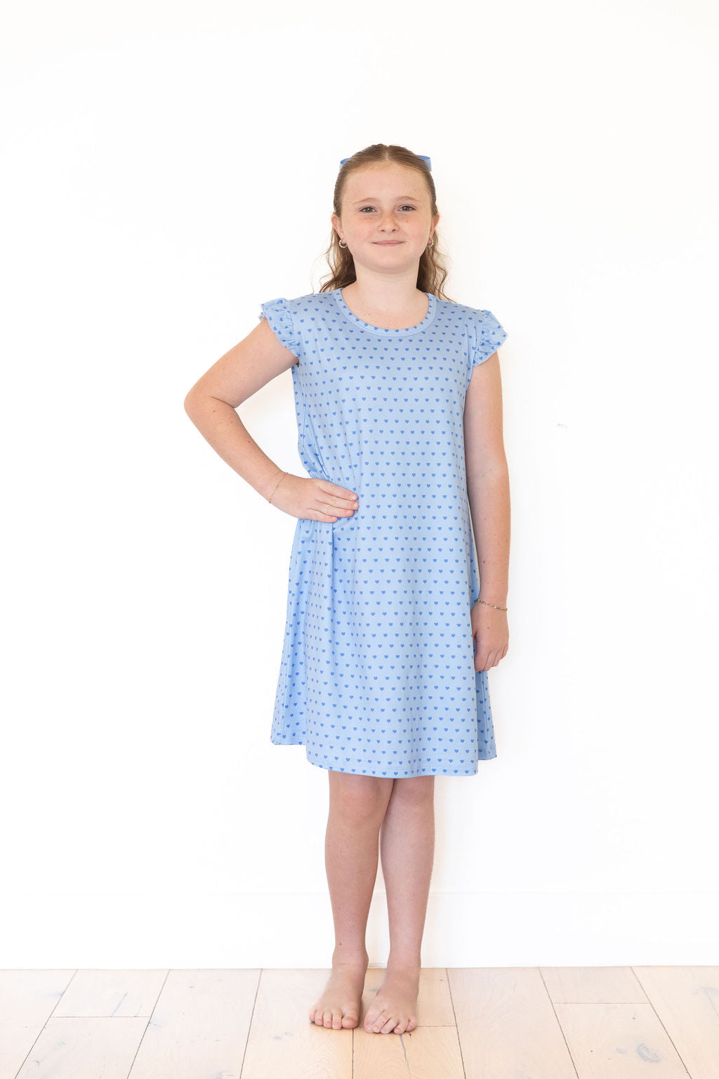 BLUE MINI HEARTS | RUFFLE SLEEVE DRESS