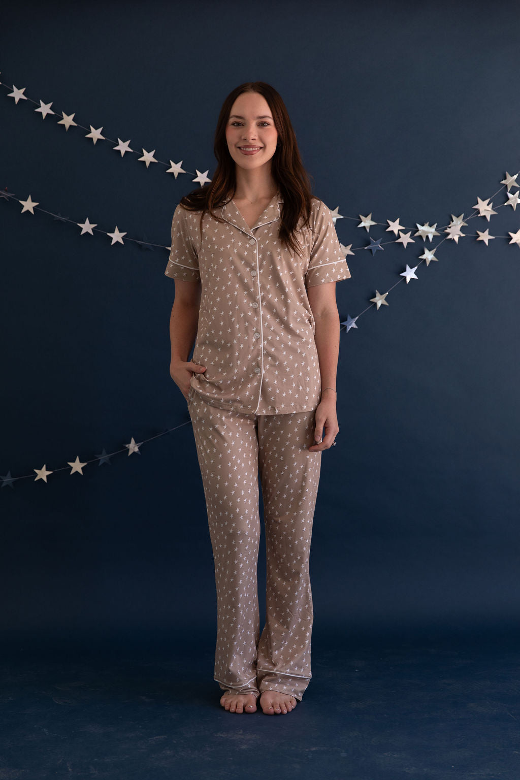 TAN STARS | WOMEN'S BUTTON UP SHORT SLEEVE SET