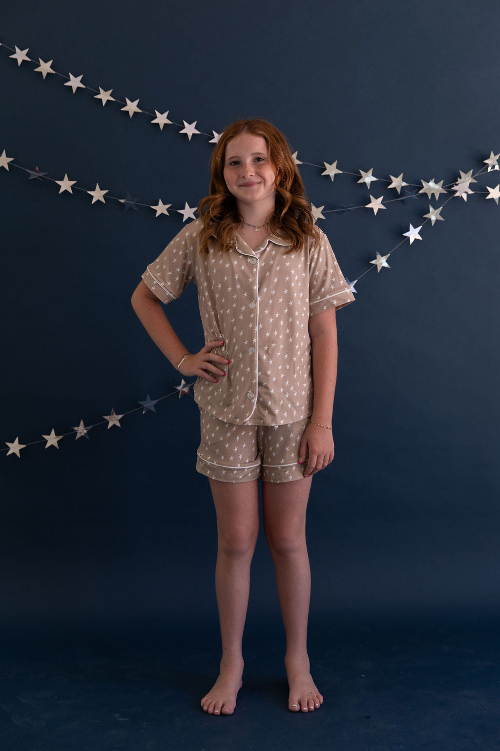 TAN STARS | GIRLS' BUTTON UP SHORT SLEEVE + SHORTS SET