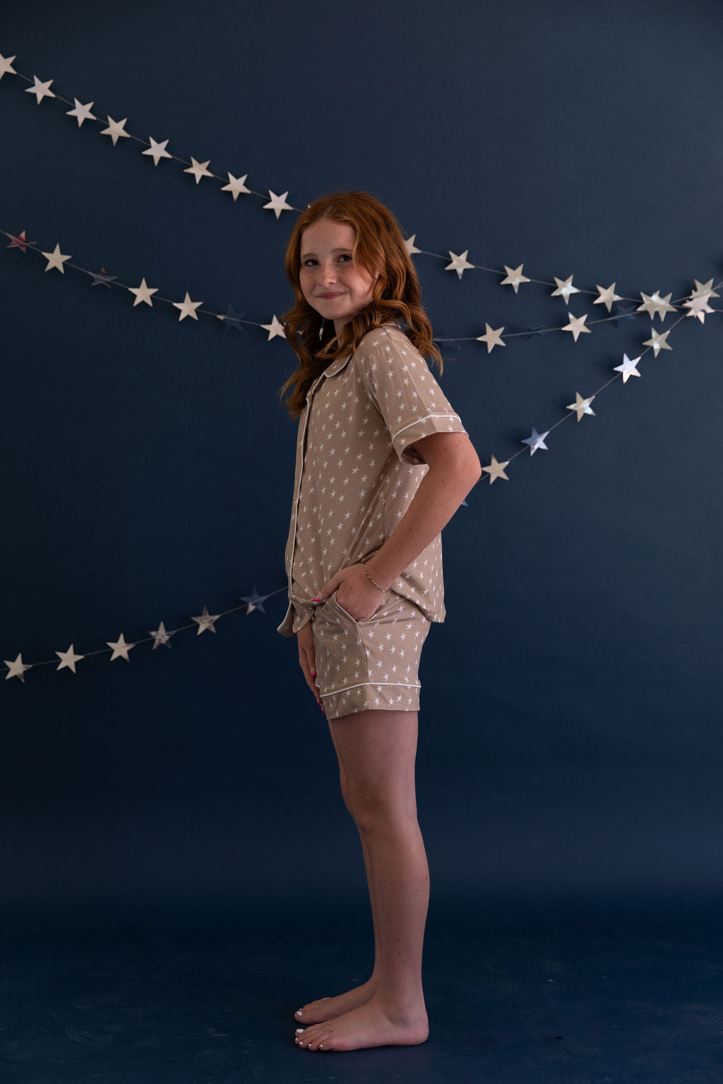 TAN STARS | GIRLS' BUTTON UP SHORT SLEEVE + SHORTS SET