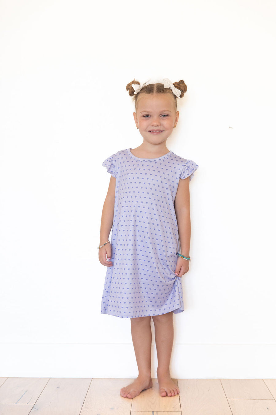 PURPLE MINI HEARTS | RUFFLE SLEEVE DRESS