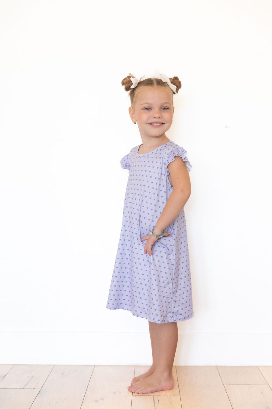PURPLE MINI HEARTS | RUFFLE SLEEVE DRESS