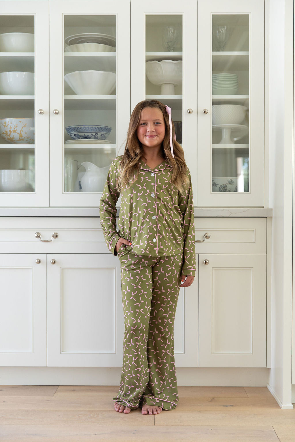 OLIVE + PINK BOWS | GIRLS' BUTTON UP LONG SLEEVE SET