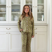 OLIVE + PINK BOWS | GIRLS' BUTTON UP LONG SLEEVE SET