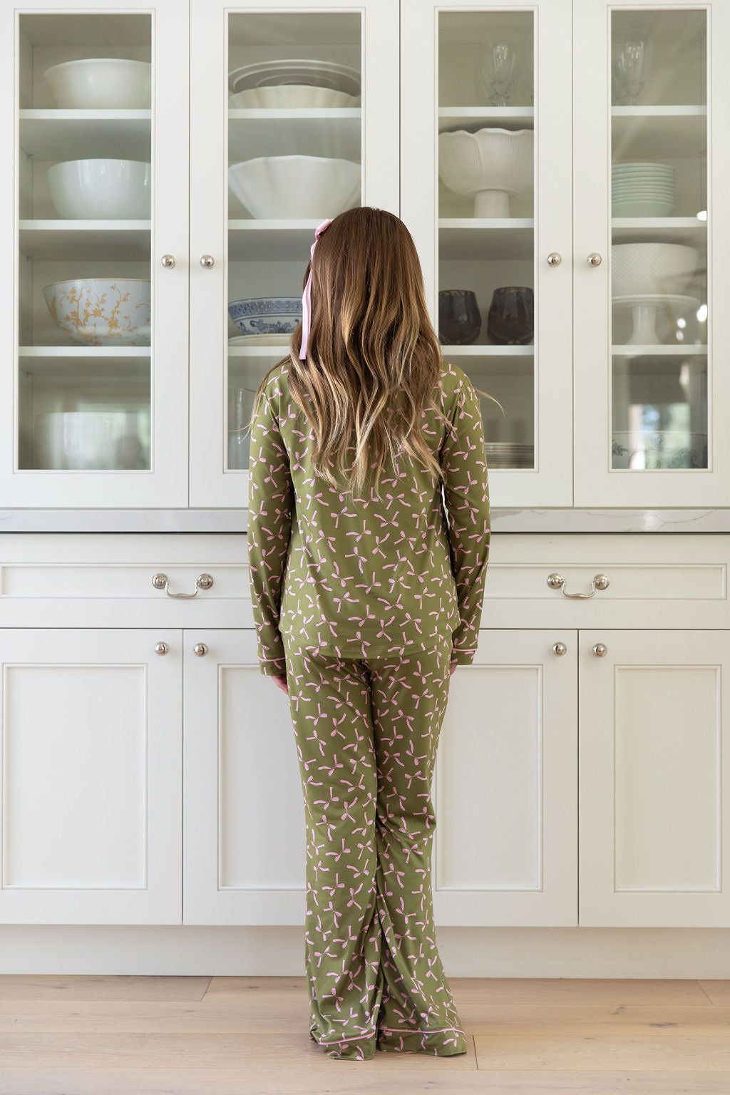 OLIVE + PINK BOWS | GIRLS' BUTTON UP LONG SLEEVE SET