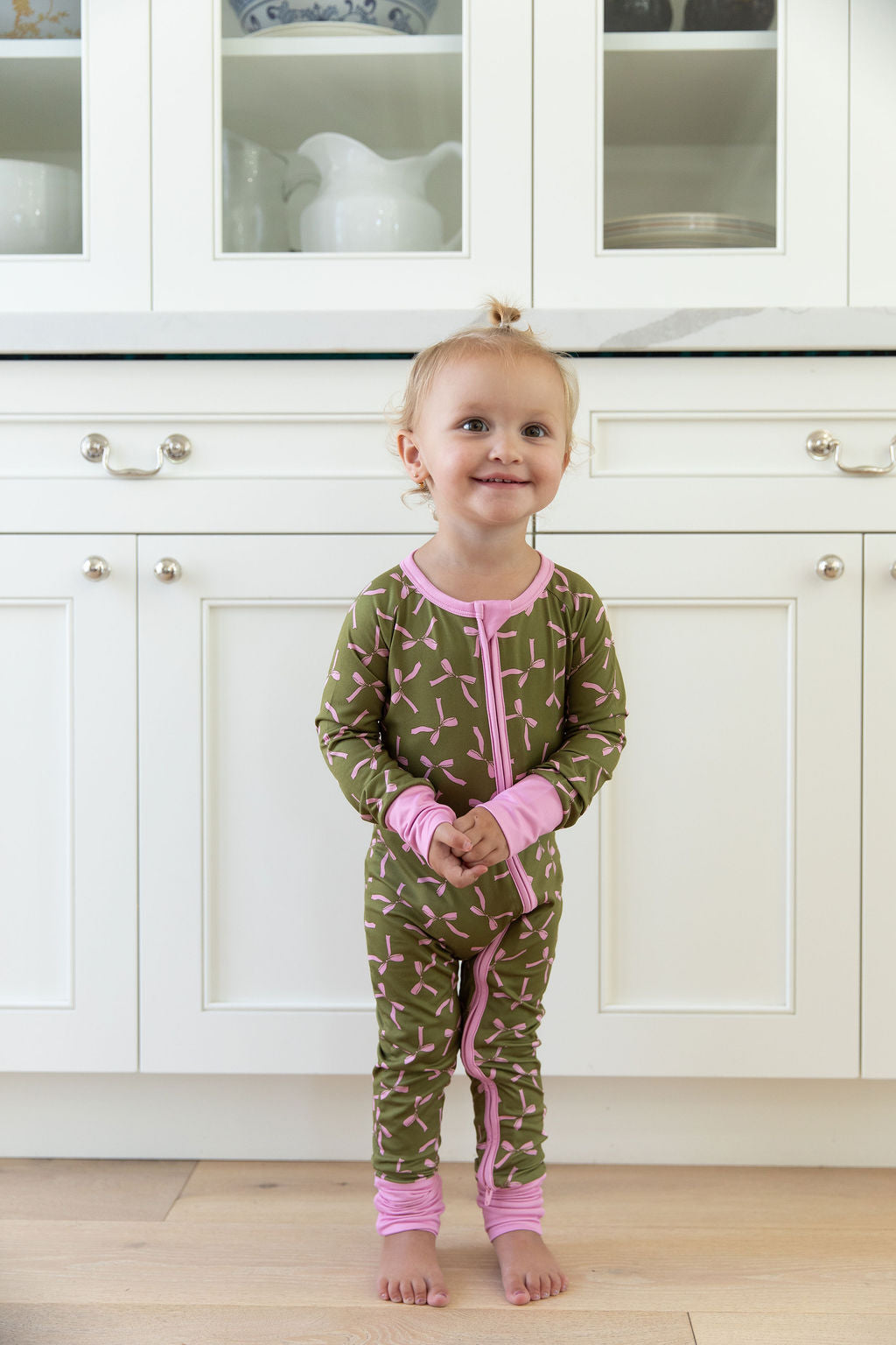 OLIVE + PINK BOWS | ZIPPER ONE PIECE
