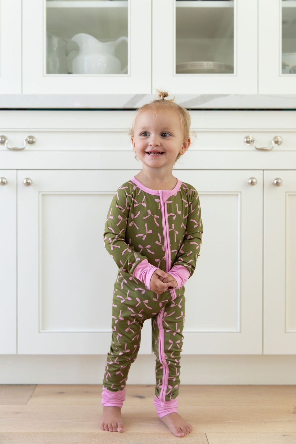 OLIVE + PINK BOWS | ZIPPER ONE PIECE