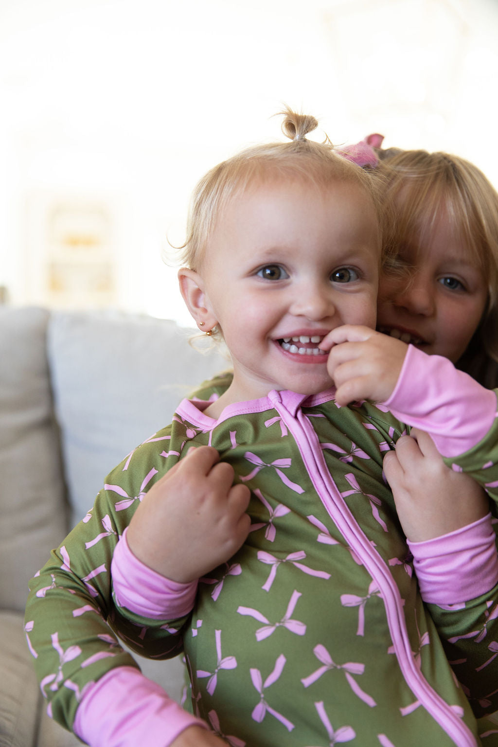 OLIVE + PINK BOWS | ZIPPER ONE PIECE